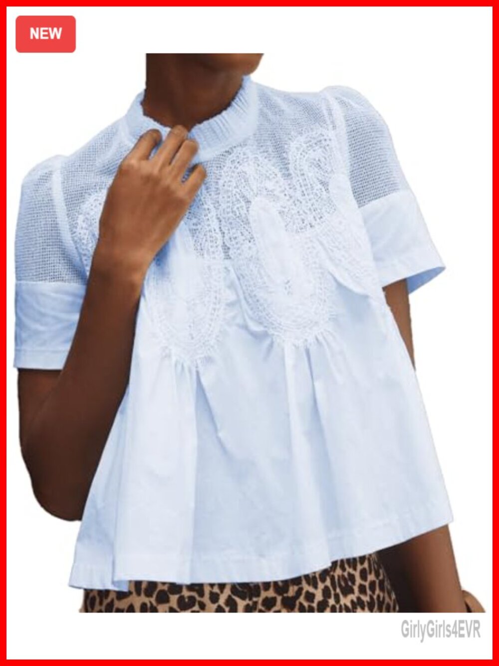 Lace Detail Flared Blouse Short Sleeve Crew Neck Poplin Mesh Swing Top